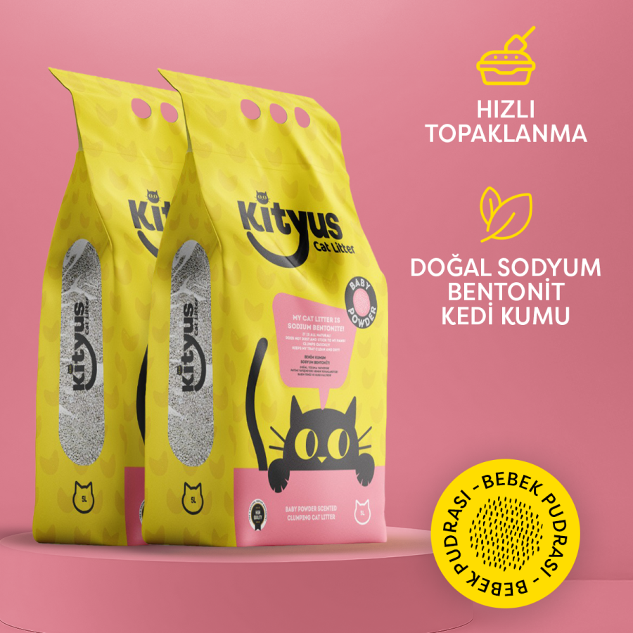 2’li Avantaj Paketi İnce Taneli Tozsuz, Topaklanan Bebek Pudralı Bentonit Kedi Kumu 2x5lt - 1