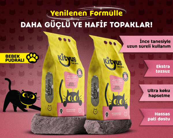 2’li Avantaj Paketi İnce Taneli Tozsuz, Topaklanan Bebek Pudralı Bentonit Kedi Kumu 2x5lt - Kityus