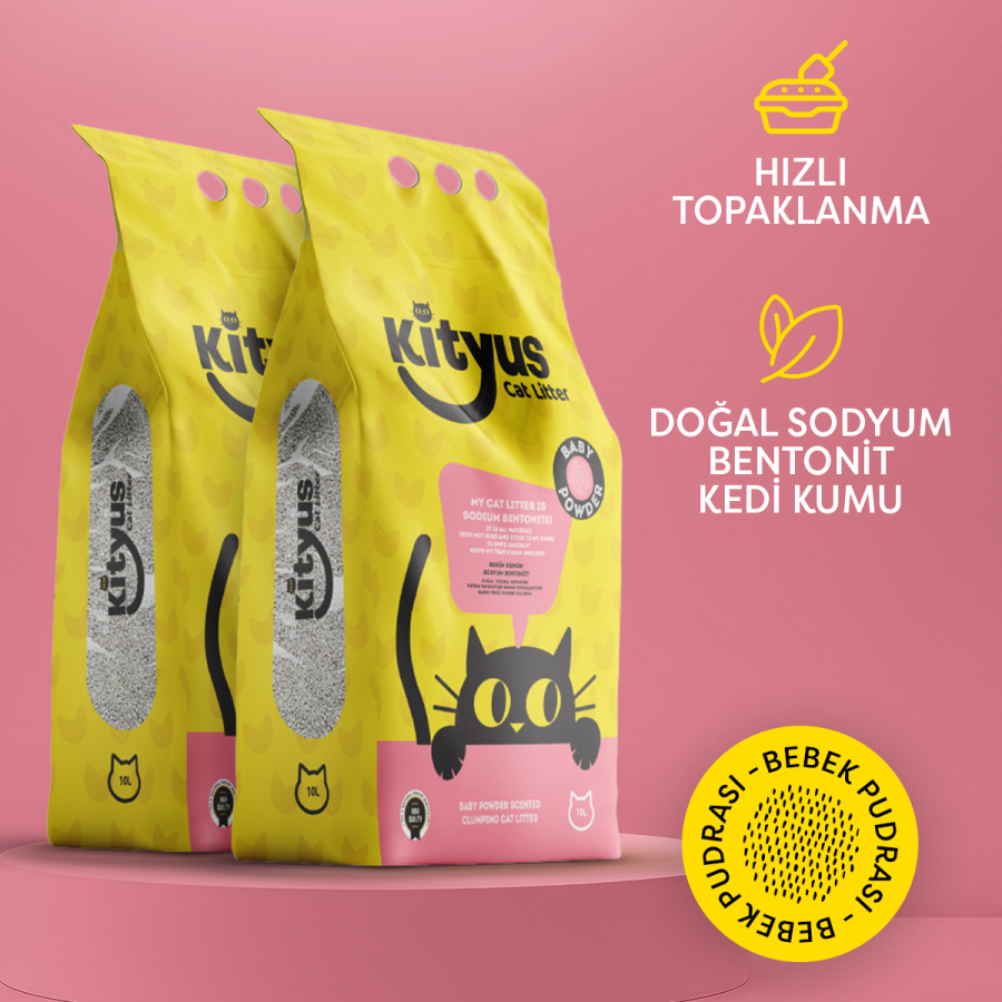 2'li Avantaj Paketi İnce Taneli Tozsuz, Topaklanan Bebek Pudralı Bentonit Kedi Kumu 2x10lt - 1