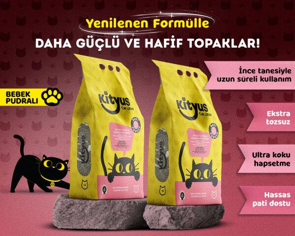 2'li Avantaj Paketi İnce Taneli Tozsuz, Topaklanan Bebek Pudralı Bentonit Kedi Kumu 2x10lt - 1