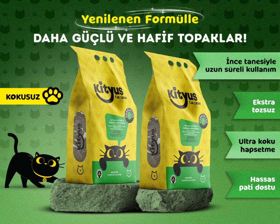 2’li Avantaj Paketi Hassas Kediler için Tozsuz,Topaklanan, Kokusuz Bentonit Kedi Kumu 2x5kg - 1