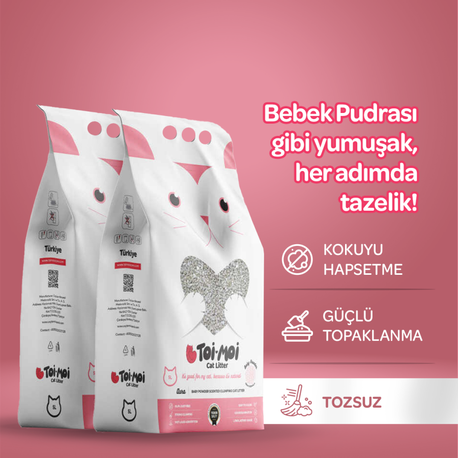 2’li Avantaj Paketi Tozsuz, Topaklanan, Emiciliği Yüksek Bebek Pudralı Bentonit Kedi Kumu 2x5lt - 1