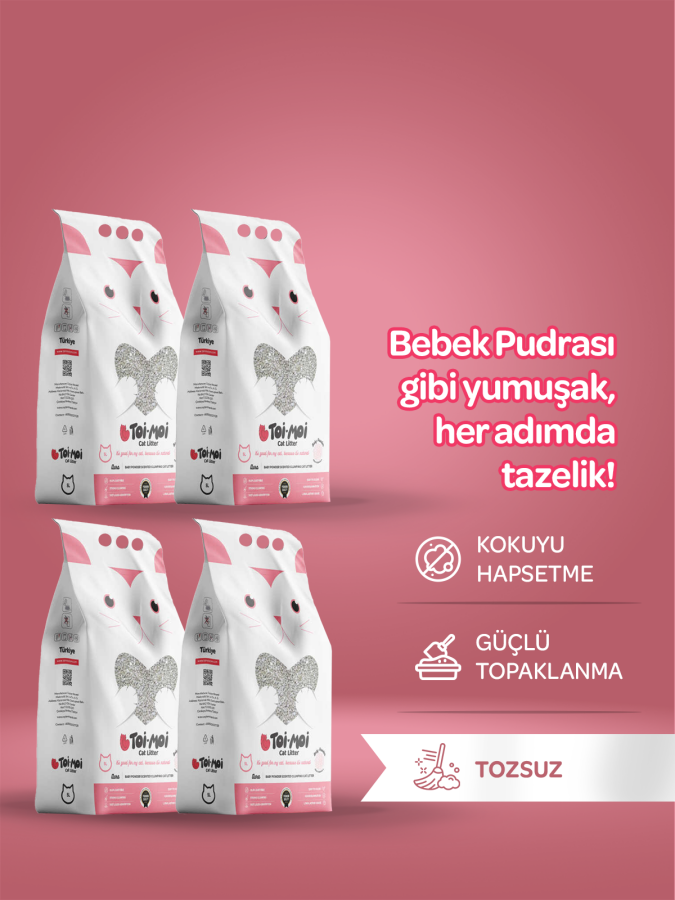 4'lü Avantaj Paketi Tozsuz, Topaklanan, Emiciliği Yüksek Bebek Pudralı Bentonit Kedi Kumu 4x5lt - 1