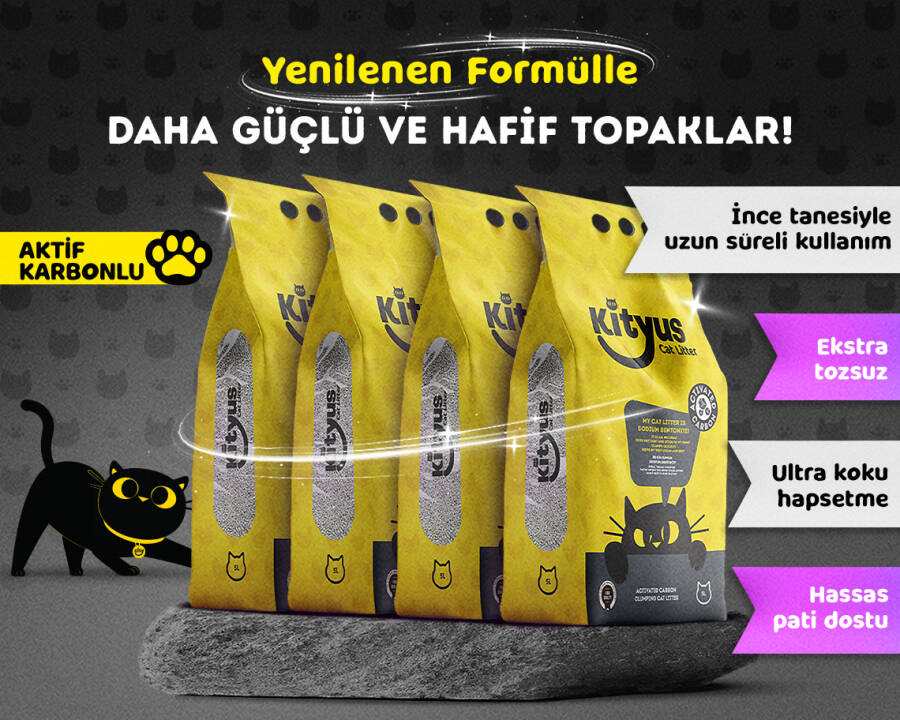 4'lü Avantaj Paketi Ekstra Topaklanan, İnce Taneli, Tozsuz, Aktif Karbonlu Bentonit Kedi Kumu 4x5kg - 1