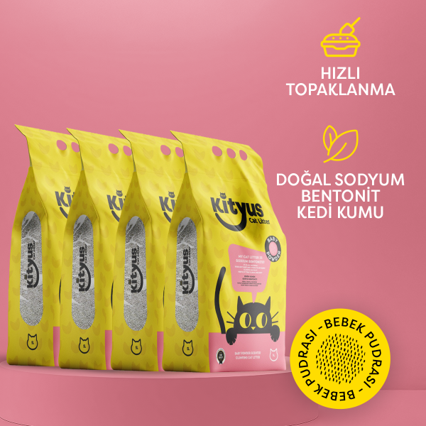 4'lü Avantaj Paketi İnce Taneli Tozsuz, Topaklanan Bebek Pudralı Bentonit Kedi Kumu 4x5lt - 1