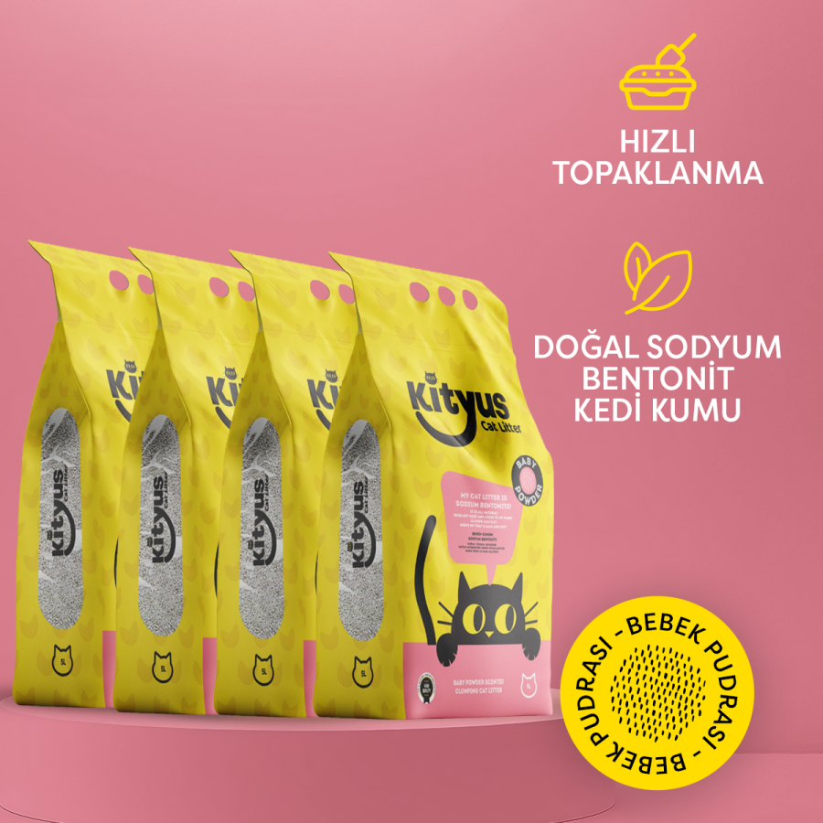 4'lü Avantaj Paketi İnce Taneli Tozsuz, Topaklanan Bebek Pudralı Bentonit Kedi Kumu 4x5lt - 1