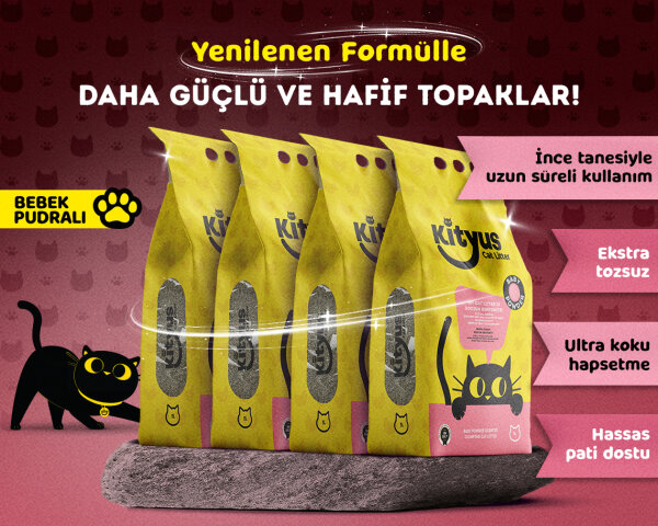 4'lü Avantaj Paketi İnce Taneli Tozsuz, Topaklanan Bebek Pudralı Bentonit Kedi Kumu 4x5lt - 1