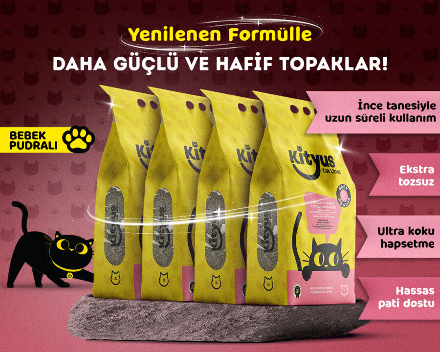4'lü Avantaj Paketi İnce Taneli Tozsuz, Topaklanan Bebek Pudralı Bentonit Kedi Kumu 4x5lt - 1