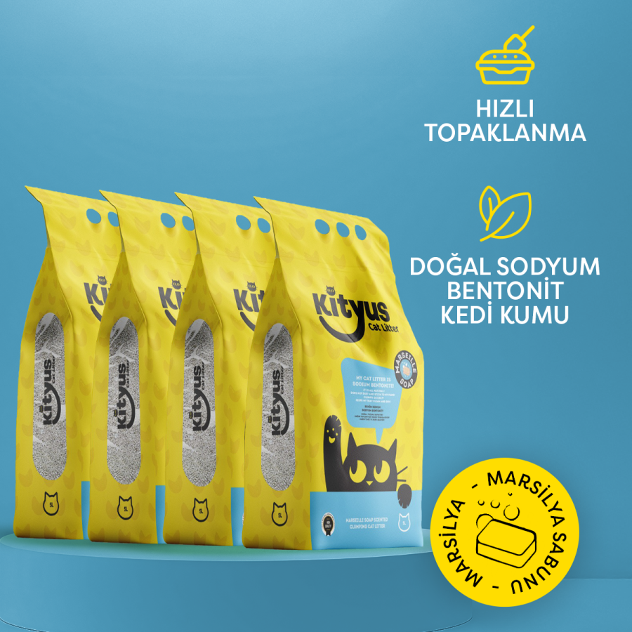 4'lü Avantaj Paketi Ekstra Hijyenik İnce Taneli Topaklanan Tozsuz Marsilya Sabunlu Kedi Kumu 4x5lt - 1