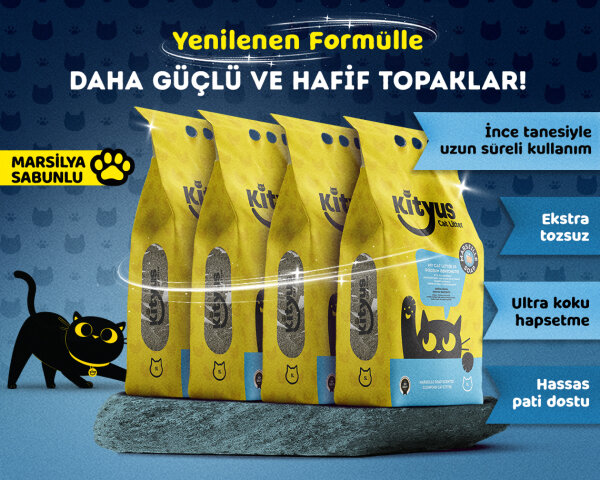 4'lü Avantaj Paketi Ekstra Hijyenik İnce Taneli Topaklanan Tozsuz Marsilya Sabunlu Kedi Kumu 4x5lt - Kityus