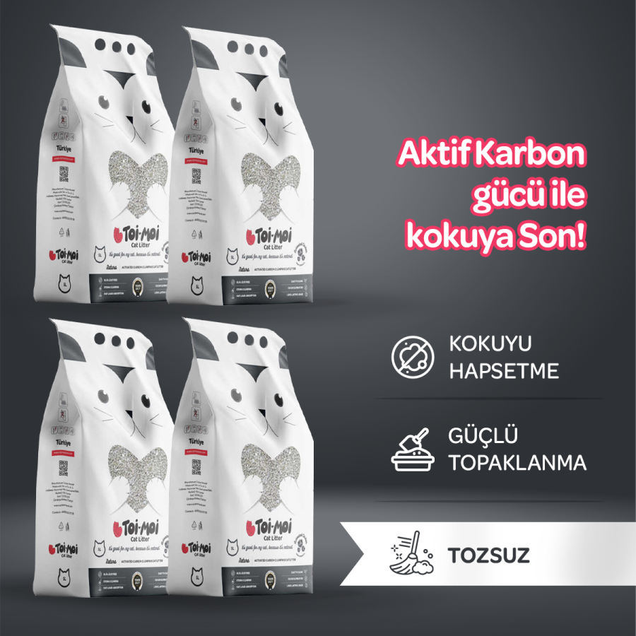 4'lü Avantaj Paketi Koku Hapseden, Topaklanan,Tozsuz Aktif Karbonlu Bentonit Kedi Kumu 4x5kg - 1