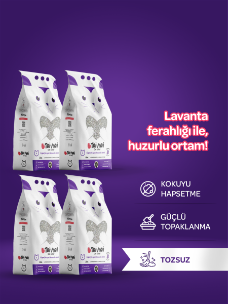 4'lü Avantaj Paketi Topaklanan, Tozsuz, Koku Hapseden Lavantalı Bentonit Kedi Kumu 4x5lt - 1