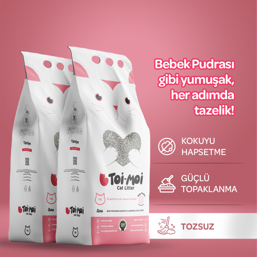 2'li Avantaj Paketi Tozsuz, Topaklanan, Emiciliği Yüksek Bebek Pudralı Bentonit Kedi Kumu 2x10lt - 1