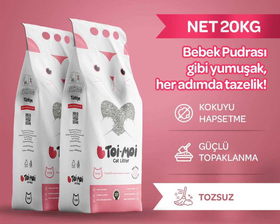 2'li Avantaj Paketi Tozsuz, Topaklanan, Emiciliği Yüksek Bebek Pudralı Bentonit Kedi Kumu 2x10Kg - 1