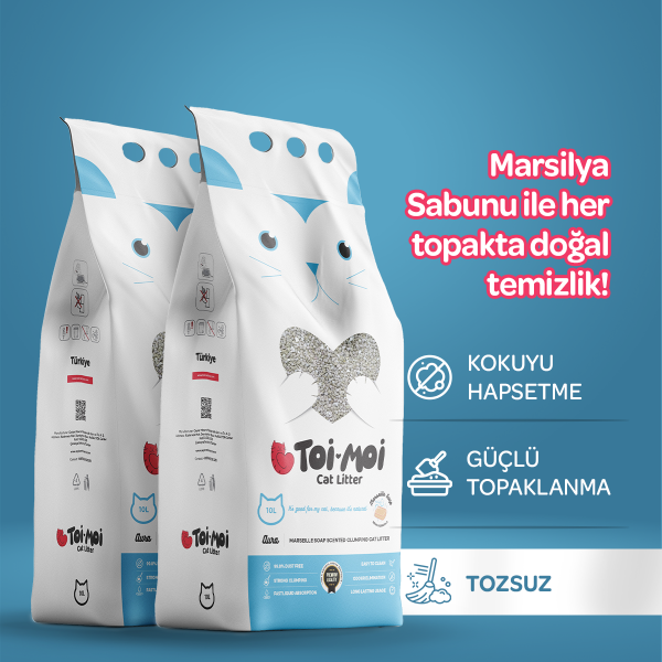 2'li Avantaj Paketi Topaklanan,Tozsuz,Hijyenik Marsilya Sabunlu Bentonit Kedi Kumu 2x10lt - Toi Moi