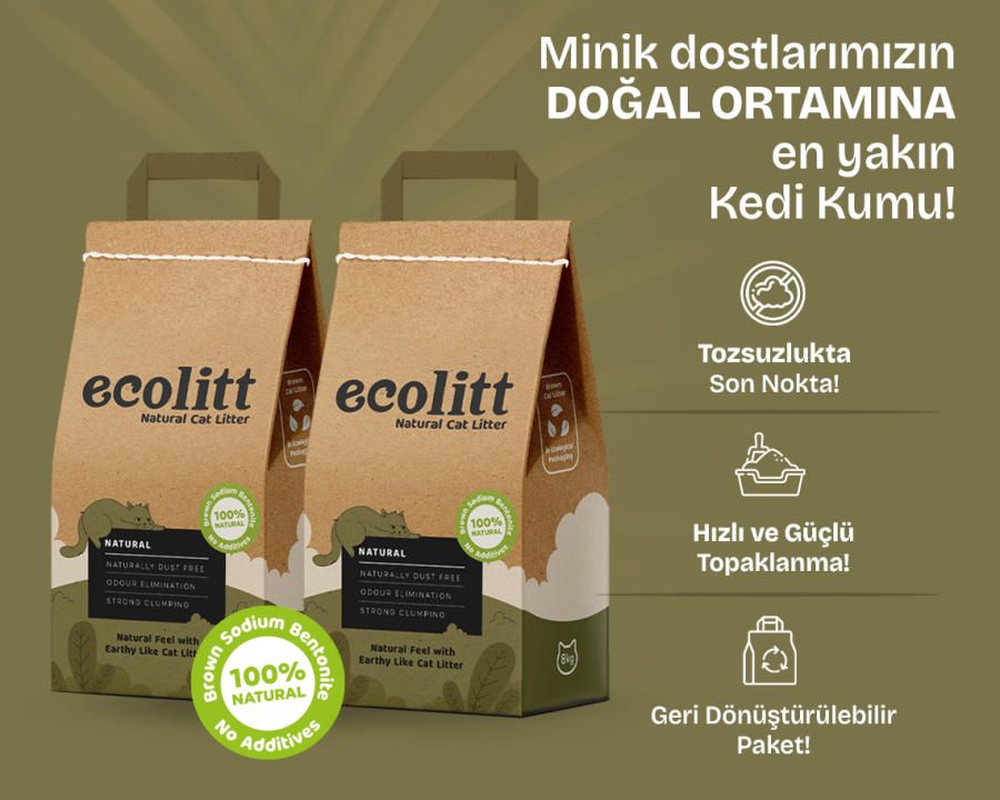 2'li Avantaj Paketi Ecolitt Kraft Pakette Tozsuz ve Topaklanan Kahverengi Bentonit Natura Kedi Kumu 2x8 kg - 1