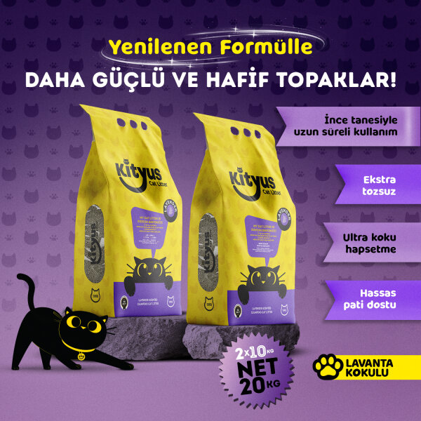 2'li Avantaj Paketi İnce Taneli Tozsuz, Topaklanan Lavanta Kokulu Bentonit Kedi Kumu 2x10kg - Kityus