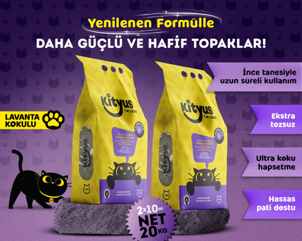 2'li Avantaj Paketi İnce Taneli Tozsuz, Topaklanan Lavanta Kokulu Bentonit Kedi Kumu 2x10kg - Kityus