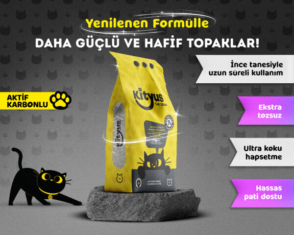 Ekstra Topaklanan, İnce Taneli, Tozsuz, Aktif Karbonlu Bentonit Kedi Kumu 5kg - Kityus