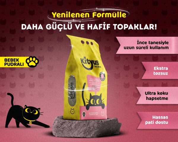 İnce Taneli Tozsuz, Topaklanan Bebek Pudralı Bentonit Kedi Kumu 5lt - Kityus