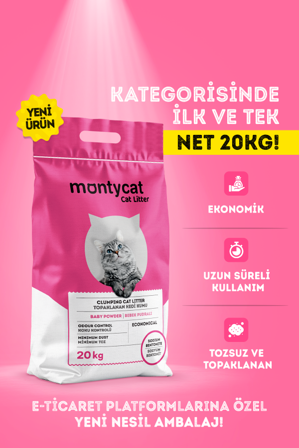 Net 20KG Yeni Nesil, Ekonomik, Topaklanan, Tozsuz, Bebek Pudralı Bentonit Kedi Kumu - 1