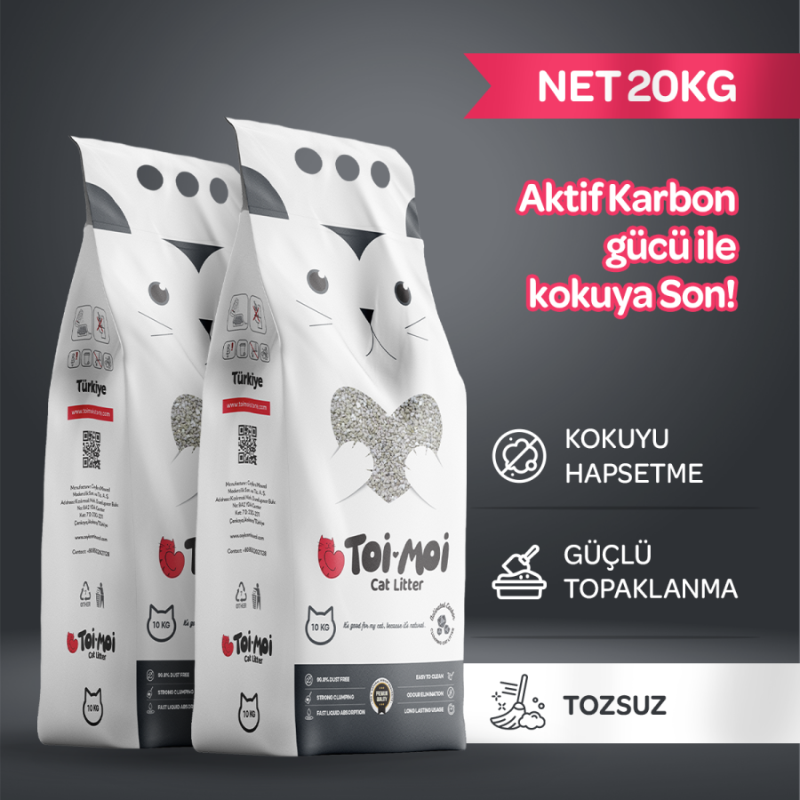 2'li Avantaj Paketi Koku Hapseden, Topaklanan,Tozsuz Aktif Karbonlu Bentonit Kedi Kumu 2x10Kg - 1