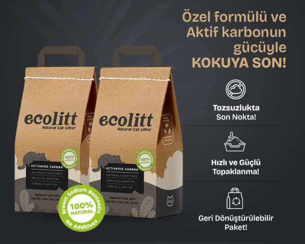 2'li Avantaj Paketi Ecolitt Ultra Koku Hapseden Kraft Pakette Topaklanan Kahverengi Bentonit Aktif Karbonlu Kedi Kumu 2x8 kg - 1